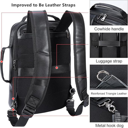 Masa Kawa Slim Leather 15.6" Laptop Backpack for Men Convertible Briefcase Backpacks Expandable Black Business Work Bag Slim Travel Daypack