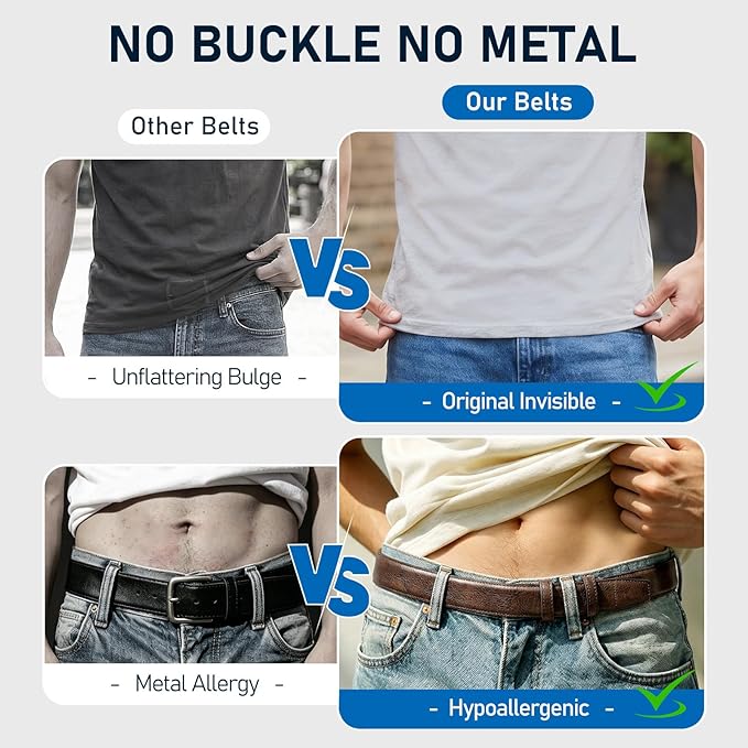 SANSTHS Mechanic Buckless Belts for Men, No Scratch Leather Work Belt Hook & Loop Tsa Belt for Technician Travel Gifts