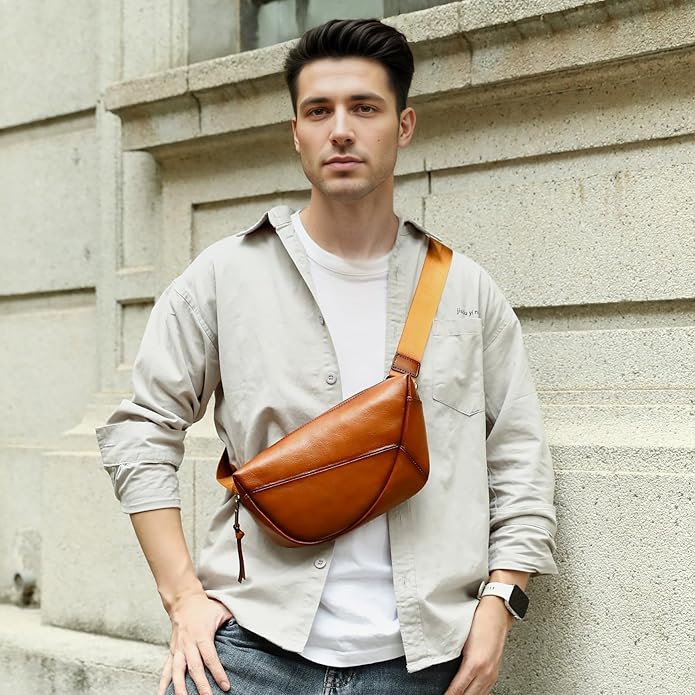 NIUCUNZH Genuine Leather Mens Sling Bag for Women Vintage Small Crossbody Bags Purse for Hiking Travel Chest Daypack