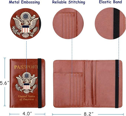 TOURSUIT RFID Blocking Passport Holder for Women Men, Leather Passport Travel Wallet with Metal 3D Metal Badge, Travel Document Holder Cover Accessories (Brown)
