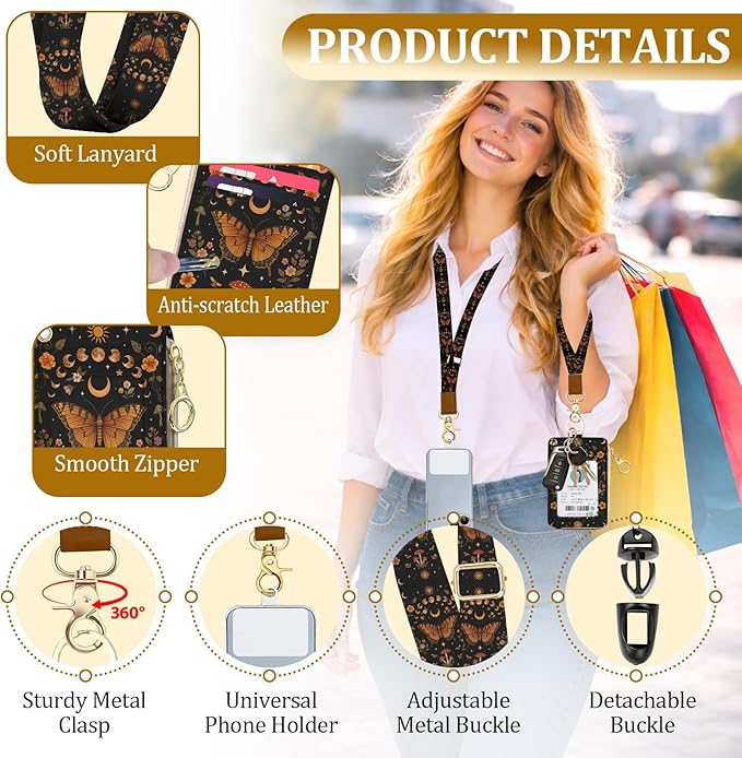 Butterfly Boho Lanyard Wallet with ID Badge Holder, Sun and Moon Mushroom Flower PU Leather Zipper Slim Card Holder for Women,Adjustable Neck Lanyard Wrist Strap with Keychain for Teacher Student