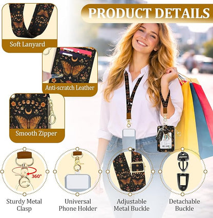 Butterfly Boho Lanyard Wallet with ID Badge Holder, Sun and Moon Mushroom Flower PU Leather Zipper Slim Card Holder for Women,Adjustable Neck Lanyard Wrist Strap with Keychain for Teacher Student