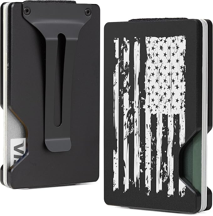 Minimalist Slim Wallet for Men,RFID Blocking Metal Wallet,Aluminum Credit Card Holder & Money Clip 12-15 Cards,Slim Rfid Front Pocket Mens Wallet,Black-American USA Flag