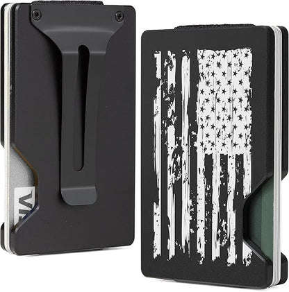 Minimalist Slim Wallet for Men,RFID Blocking Metal Wallet,Aluminum Credit Card Holder & Money Clip 12-15 Cards,Slim Rfid Front Pocket Mens Wallet,Black-American USA Flag
