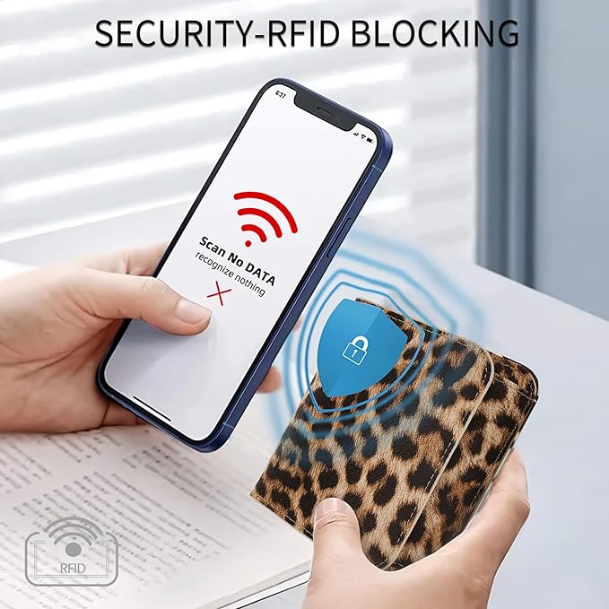Women Small Wallet RFID Blocking Slim Wallet with Coin Pocket Tri-Fold Credit Card Holder with ID Window and Keychain (Leopard)