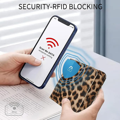 Women Small Wallet RFID Blocking Slim Wallet with Coin Pocket Tri-Fold Credit Card Holder with ID Window and Keychain (Leopard)