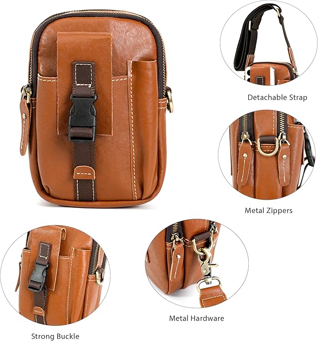 LANNSYNE Small Leather Messenger Bag, 3-in-1 Crossbody Shoulder Bag & Waist Belt Pouch, Sling Purse for Travel Business