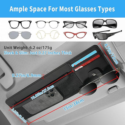 2 Packs Car Sun Visor Organizer with Pocket, Slim Leather Sun Visor Storage Pouch with Zipper, Mesh Pocket, Card Sleeves, Visor Sunglasses Holder for Cars, SUVs, Trucks, Sedan Universal Fit (Black)