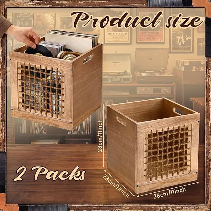 Geelin 2 Pack Wood Storage Bins with Handles 11 x 11 x 11 Inch 22l Cube Multipurpose Decorative Vintage Farmhouse Wood Rope Crate Stackable Cube Containers Organizing Bins for Toy Clothes Books Office