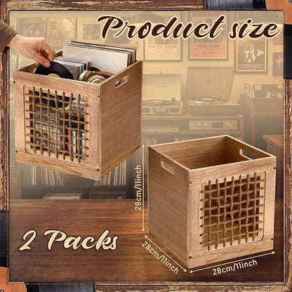 Geelin 2 Pack Wood Storage Bins with Handles 11 x 11 x 11 Inch 22l Cube Multipurpose Decorative Vintage Farmhouse Wood Rope Crate Stackable Cube Containers Organizing Bins for Toy Clothes Books Office