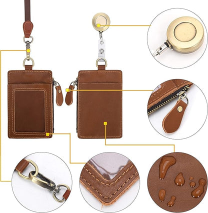 Wonderpool Leather ID Badge Holder with Zipper Wallet Pouch - Card Slots Case Detachable Neck Lanyard and Retractable Badge Reel for Office School Hospital Exhibition ID (Light Brown)