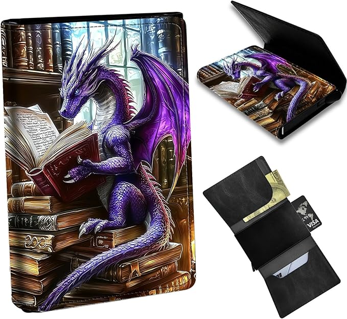 Minimalist Wallet for Men's Card Holders, Pop-Up Card Case Durable Wallets for Women, Leather Automatic Credit Card Holder with Metal Money Clip RFID Blocking Bifold Pocket, Purple Dragon Book