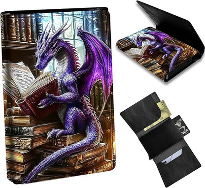 Minimalist Wallet for Men's Card Holders, Pop-Up Card Case Durable Wallets for Women, Leather Automatic Credit Card Holder with Metal Money Clip RFID Blocking Bifold Pocket, Purple Dragon Book