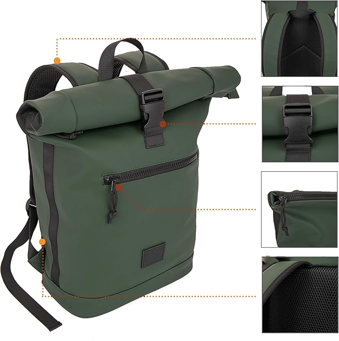 X RAY Roll Top Laptop Backpack for Men Women, PU Leather Expandable Roll Up Backpack Capacity Adjustable 22L & Fits 15.6" Laptop, Dark Olive