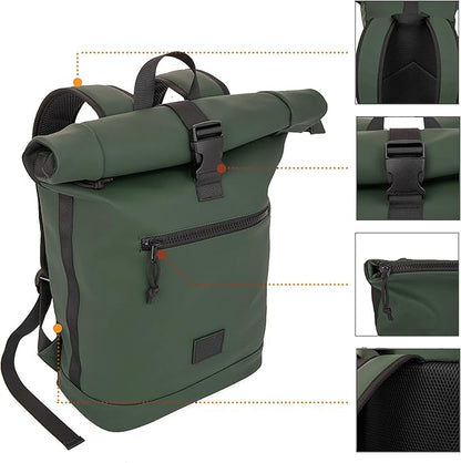 X RAY Roll Top Laptop Backpack for Men Women, PU Leather Expandable Roll Up Backpack Capacity Adjustable 22L & Fits 15.6" Laptop, Dark Olive