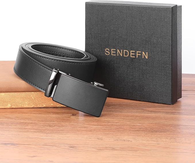 SENDEFN Men's Leather Belt Automatic Ratchet Buckle Slide Belt for Dress Casual Trim to Fit with Gift Box