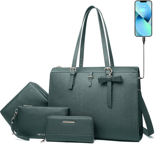 Keyli 4pc Sets Laptop Bag for Women Large Leather Laptop Briefcase with USB Charging Port Computer Shoulder tote Bags Purse