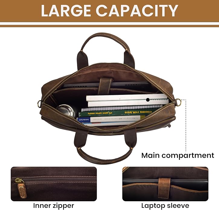 Full Grain Leather Messenger Bag for Men, 16” Briefcase Laptop Satchel Vintage Professional Office Work & Travel Bag