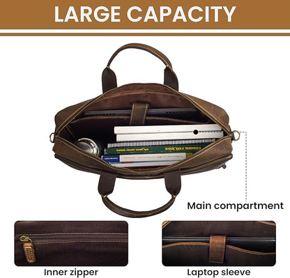 Full Grain Leather Messenger Bag for Men, 16” Briefcase Laptop Satchel Vintage Professional Office Work & Travel Bag