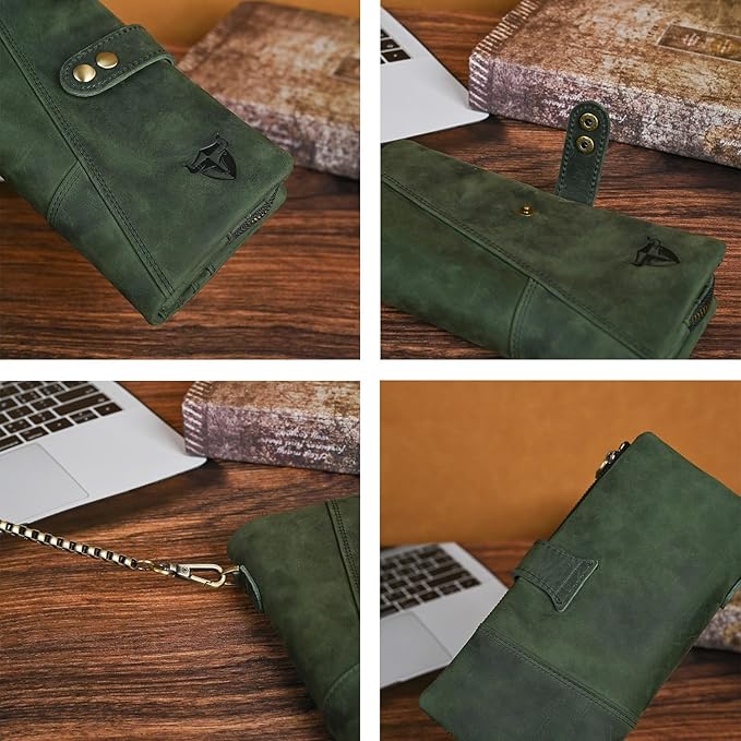 Genuine Crazy Horse Leather Travel Gift Coin Pocket Card Case Long Organizer Chain Rfid Wallet Purse With Snap For Men Male 1803 1815 (1803 The Green2)