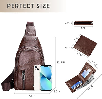 Sling Bag Set, PU Leather Sling Bag, Multi-Zipper Design for Travel, Outdoors, Valentine’s Day Gifts