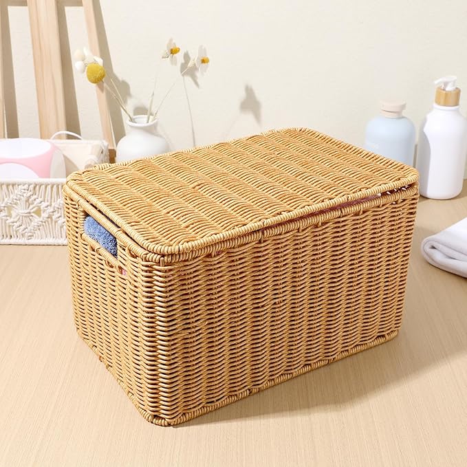 DOITOOL Woven Storage Basket with Lid and Frame Multipurpose Cube Storage Box for Clothing Toys and Sundries Large 12.59 X 8.66 X 7.08 Inch Organizer for Home and Bedroom