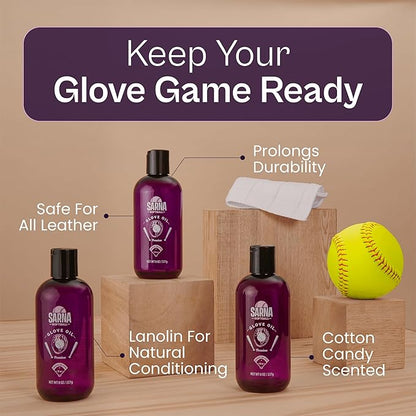 SARNA BASEBALL Glove Oil for Softball & Baseball Gloves, 8 Oz – Lanolin-Based Formula, Helps Soften Leather & Prevents Cracking – Game-Ready Glove Oil to Break in Gloves