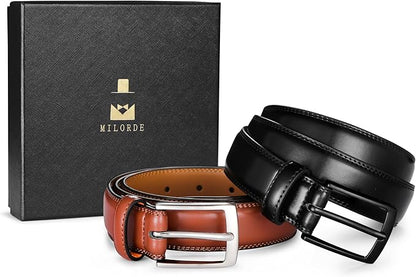MILORDE Men's Leather Dress Belt 2Pack, Handmade, Genuine Leather, Fashion & Classic Designs for Work Business and Casual