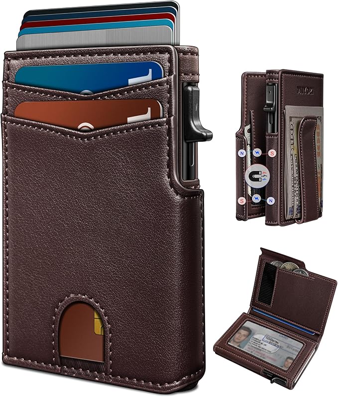 miyozi Wallet for Men, Magnetic Minimalist Slim Wallet with Pop Up Card Holder, 9 Cards RFID Blocking Metal Credit Card Case, Leather Wrapped Money Clip, ID Window & Small Item Slot, Gift Boxed