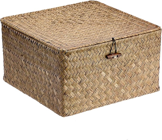 Hipiwe Handwoven Storage Box with Lid Seagrass Wicker Shelf Basket Bin Household Organizer for Bookshelf Living Room Bath Room, Coffee, X-Large