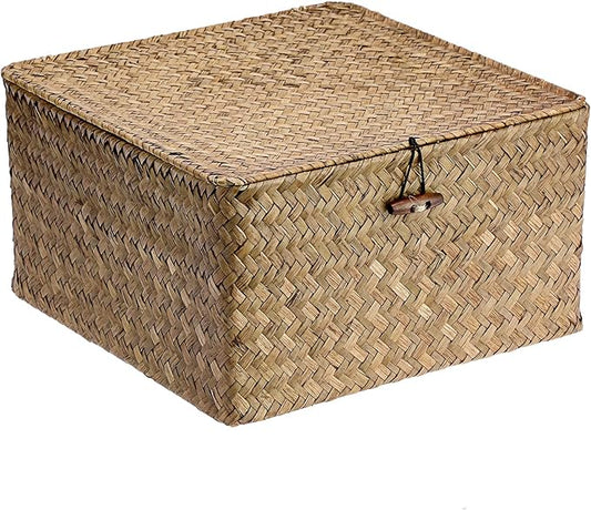 Hipiwe Handwoven Storage Box with Lid Seagrass Wicker Shelf Basket Bin Household Organizer for Bookshelf Living Room Bath Room, Coffee, X-Large