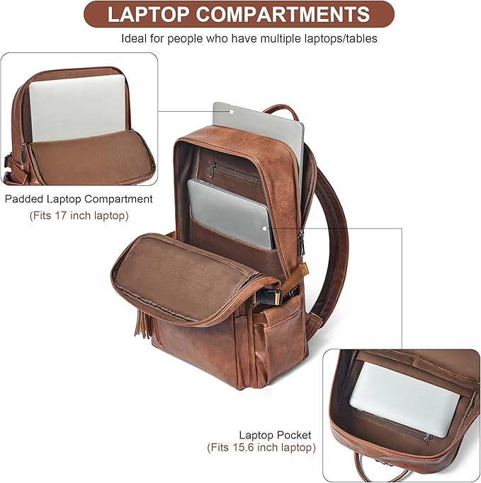 Shrrie Vegan Leather Laptop Backpack for Women,17 Inch Computer Backpack Purse for Work Business College Travel Teacher Nurse with Anti-theft Pocket & Giant Tumbler Holder Pocket,Caramel Brown