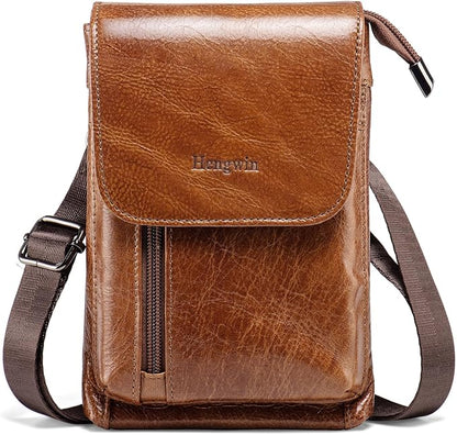 Hengwin Genuine Leather Small Crossbody Bag for Men Women, Cellphone Belt Pouch Bag, Travel Passport Wallet, Shoulder Holster