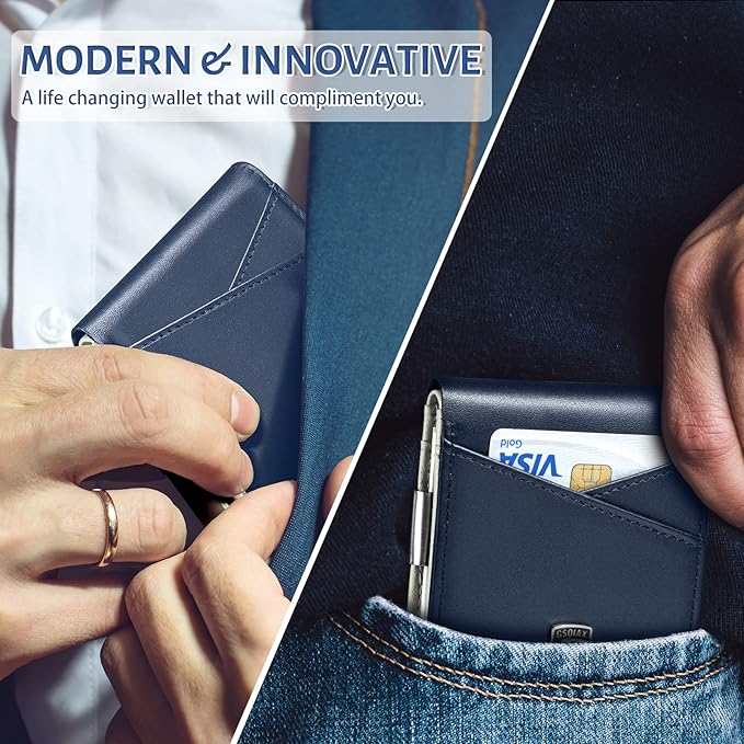 GSOIAX Slim Leather RFID Bifold Wallet for Men Minimalist Front Pocket Wallet with Money Clip,12 Card Slots,ID Window,Cool Groove Design,Includes Gift Box (Dark Blue and Beige)