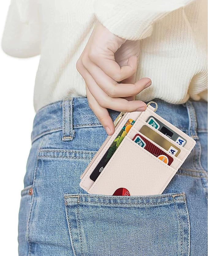 Suweibuke Slim Pocket Wallet, RFID Blocking Credit Card Holder Wallet with D-Shackle ID Window and Detachable keychain for Women (A-Beige)