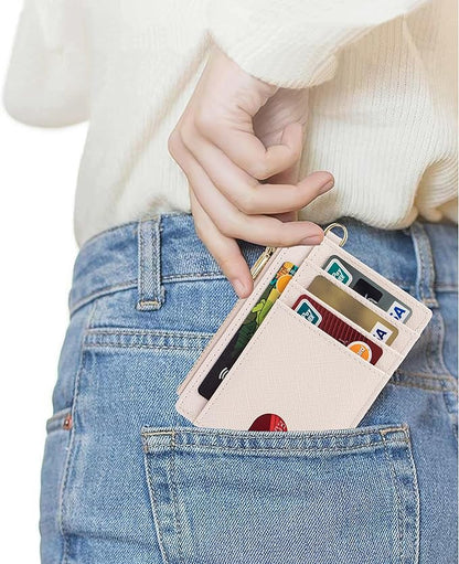 Suweibuke Slim Pocket Wallet, RFID Blocking Credit Card Holder Wallet with D-Shackle ID Window and Detachable keychain for Women (A-Beige)