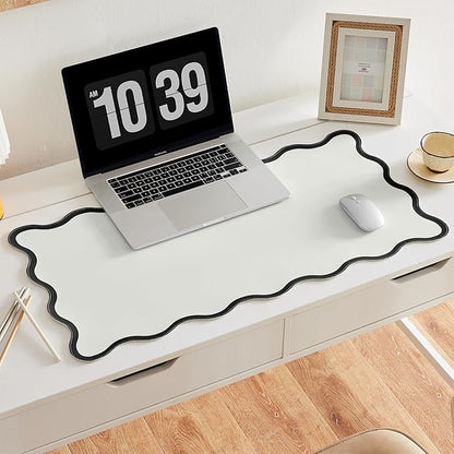 Ralxion Scalloped Desk Mat, 31.5" x 15.7", PU Leather, Waterproof Anti-Slip, Cute Aesthetic Desk Pad for Office/Home/Game/Vanity (Black, Large)