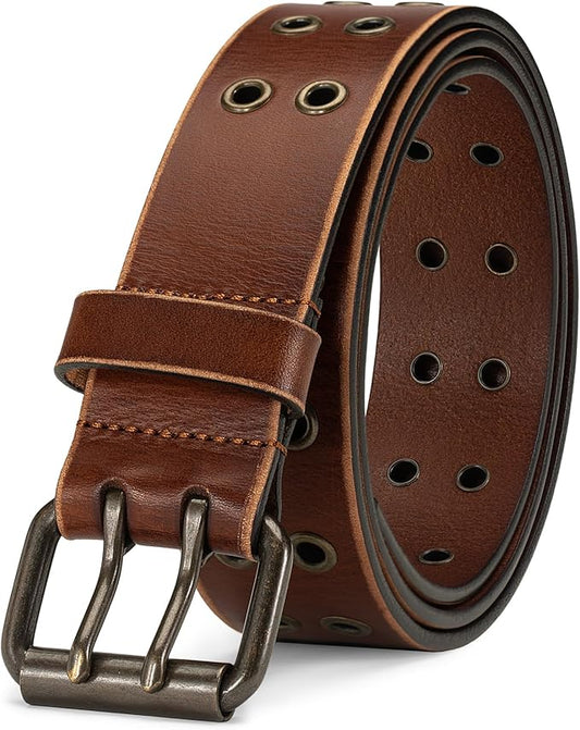 1.5" Double Hole Full Grain Leather Belt - Vintage Distressed Casual Belt for Men Women with Double Prong Buckle