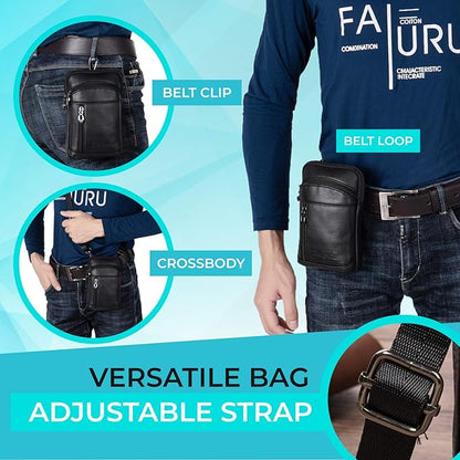 hengwin Small Leather Crossbody Shoulder Bag Men Belt Clip Phone Holster Case Belt Loop Pouch Waist Bag Pack Fit for iPhone 17/16/15/14/13 Pro Max Galaxy Note 9 8 S25/S24/S23 Ultra (Black)