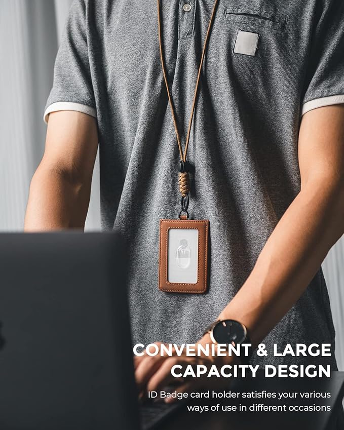 VULKIT ID Badge Holder with Lanyard for Women and Men Vertical Leather Badge Holder with Clear ID Window Card Holder Slot and Money Pocket Brown