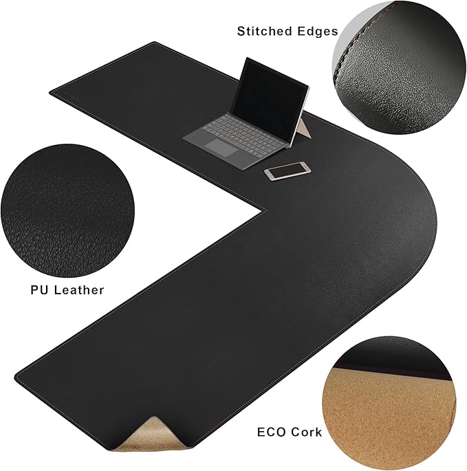 MAIDERN (47” + 47”) x 15.7” L Shaped Corner Desk Mat, Cork & Leather Reversible Desk Pad for Gaming Computer Office Home (Black)