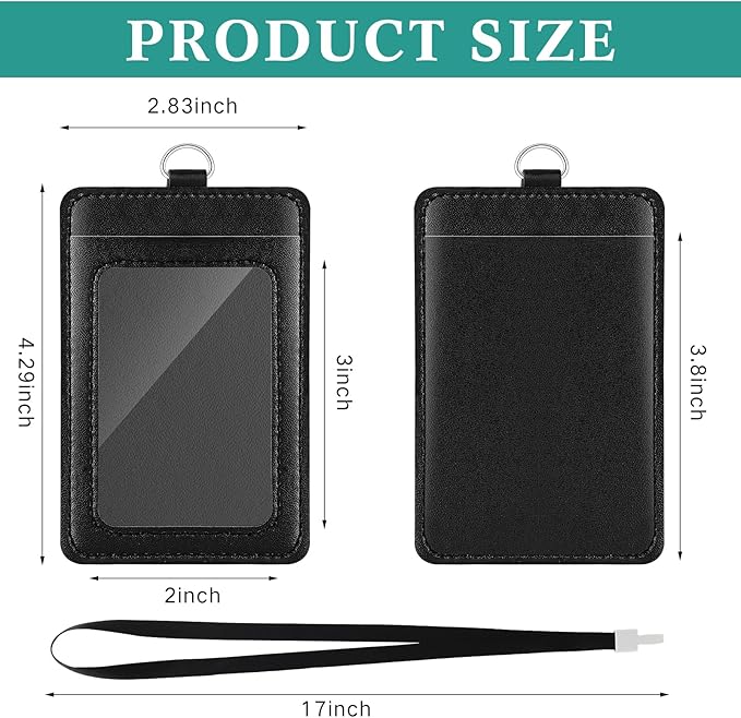 Ireer 48 Pcs ID Badge Holder with Lanyard, PU Leather Card Holder Vertical with Clear ID Access Card Window, Slot for Office Work, School Student, Black