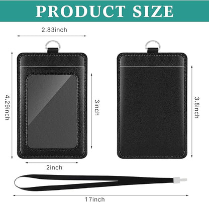 Ireer 48 Pcs ID Badge Holder with Lanyard, PU Leather Card Holder Vertical with Clear ID Access Card Window, Slot for Office Work, School Student, Black