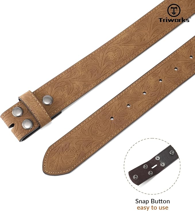 TRIWORKS Western Belt Strap for Men without Buckle 1.5" Wide Floral Engraved Embossed Leather Belt Strap