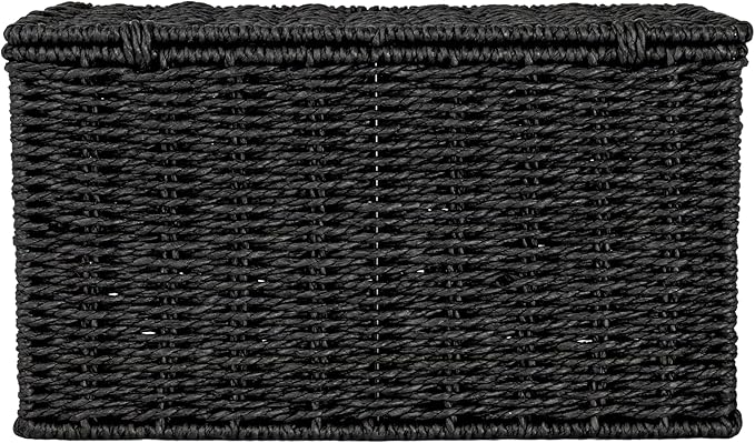 Household Essentials Small Handwoven Paper Rope Wicker Basket with Lid, Black