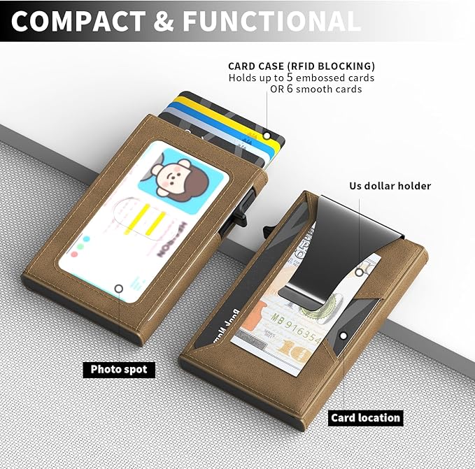 Wallet for Men Slim Minimalist Pop-up Smart Holds 5-6 Cards - RFID Blocking Metal with Money Clip, Credit Card Holder & ID Window,Business Card Cases, men accessories (Brown)