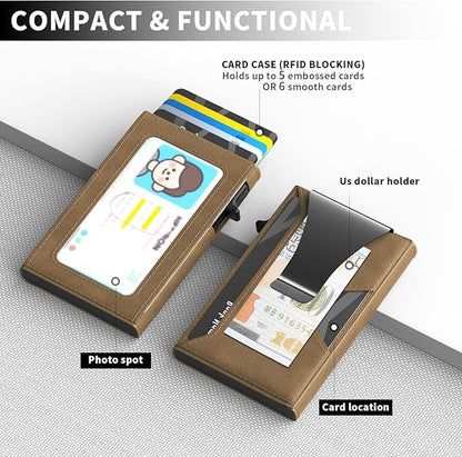 Wallet for Men Slim Minimalist Pop-up Smart Holds 5-6 Cards - RFID Blocking Metal with Money Clip, Credit Card Holder & ID Window,Business Card Cases, men accessories (Brown)