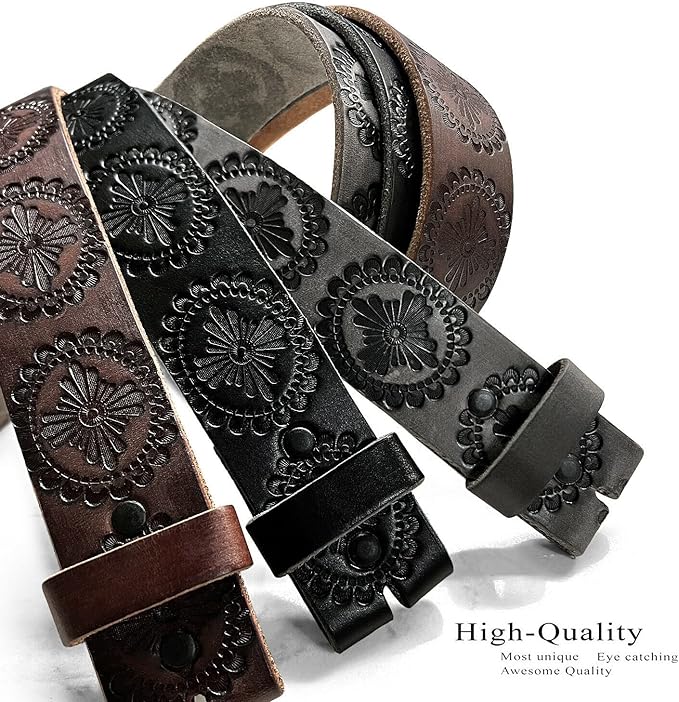 Western Floral Engraved Embossed Tooled Genuine Leather Belt Strap or Belt 1-1/2"(38mm) Wide, Multi-Style Options