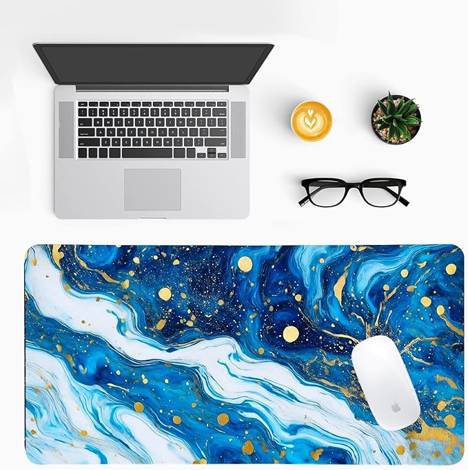 Modern Blue Marble Desk Mat, Luxurious PU Leather Desk Pad - Large Non-Slip Office Mat for a Stylish Gaming & Home Workspace, Aesthetic Desk Decor （31.5 * 15.75in）