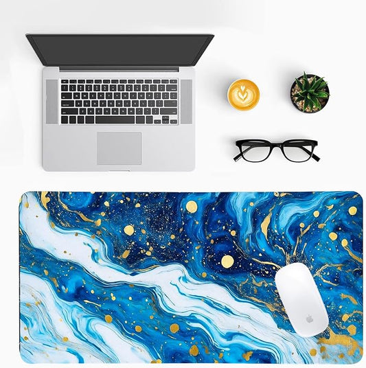 Modern Blue Marble Desk Mat, Luxurious PU Leather Desk Pad - Large Non-Slip Office Mat for a Stylish Gaming & Home Workspace, Aesthetic Desk Decor （31.5 * 15.75in）